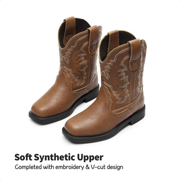 Toddler Kids Cowboy Boots Western Mid Calf Square Toe Brown Boots for Boys Girl - Picture 2 of 7